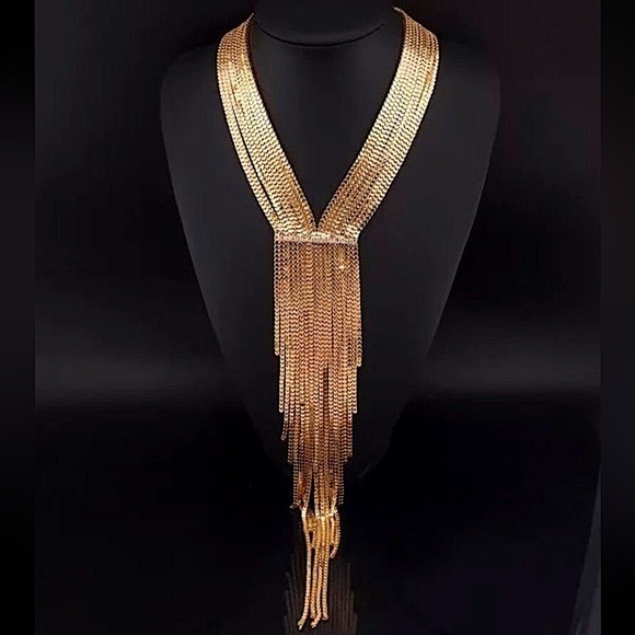 Gold Chain Tassel Rhinestone Accent Fringe Statement Collier Necklace - Picture 5 of 7